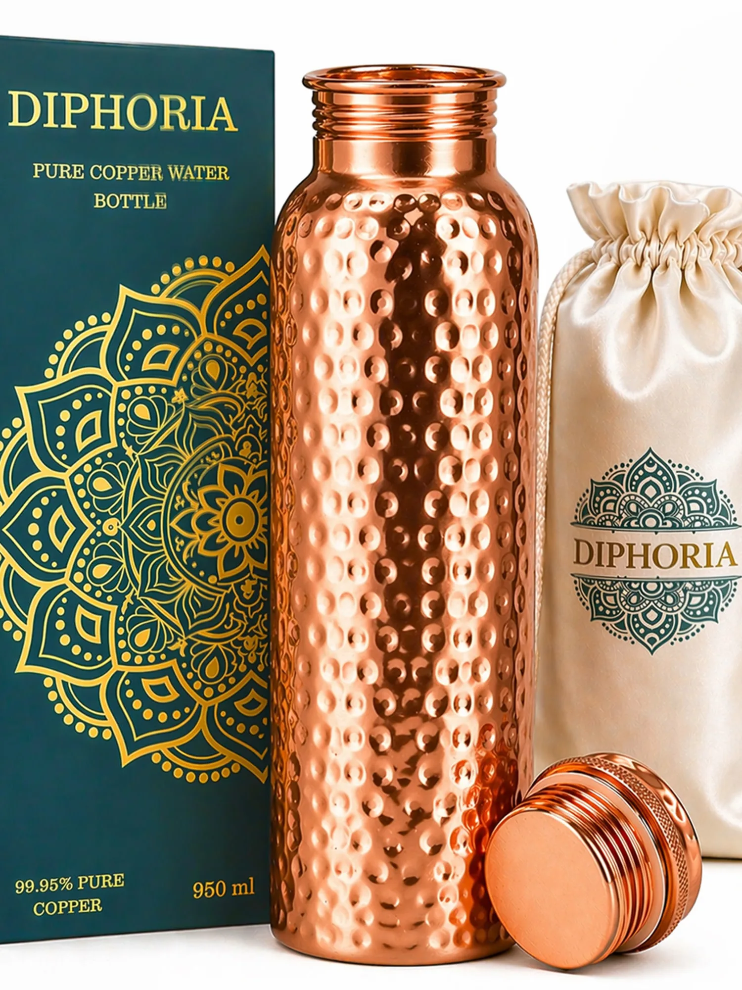 DIPHORIA hammered copper bottle with gift box and satin pouch — premium craftsmanship