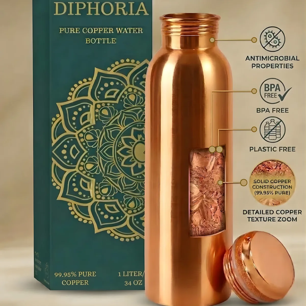 DIPHORIA copper bottle — antimicrobial, BPA free, plastic free, solid copper construction