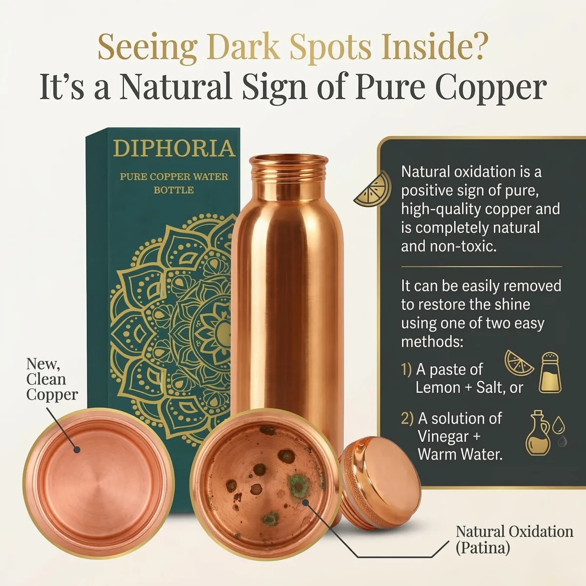 Copper bottle natural oxidation patina — clean copper vs natural dark spots, lemon and salt care method